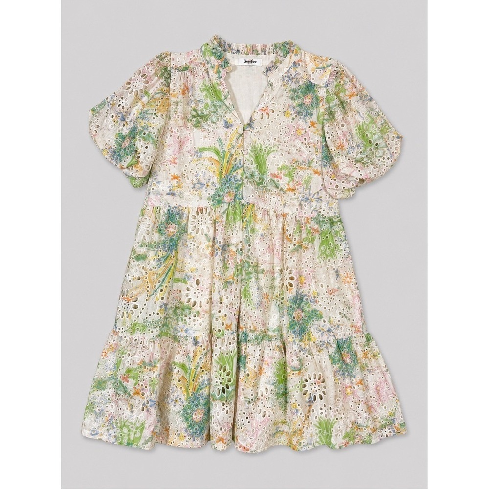 Womens Eyelet Dress Small Puff Sleeves Garden Party Fairy Whimsical Feminine